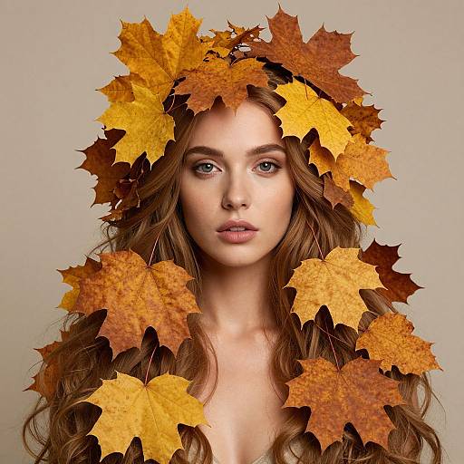 Woman with Autumn Maple Leaves in Hair Fall Portrait