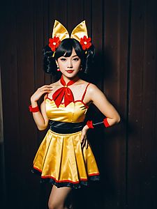 Realistic Photo of Woman Cosplaying as Chi-Chi in Yellow and Red Costume
