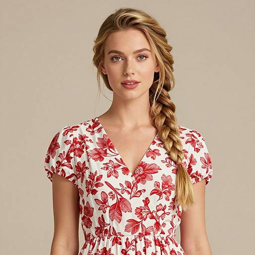 Young Woman in Red Floral Patterned White Dress with Braided Hair