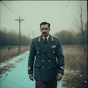 Vintage Military Man Standing on Snowy Rural Path with Utility Poles