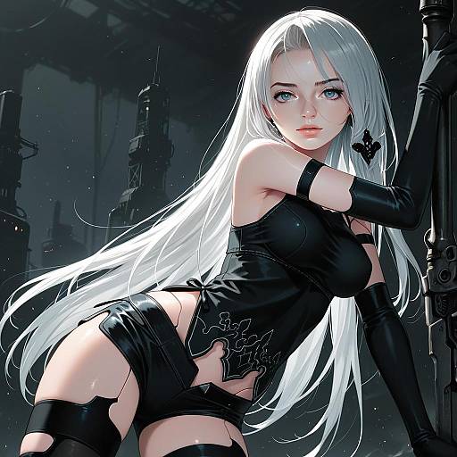 Futuristic Anime Woman with White Hair and Black Outfit in Industrial Setting