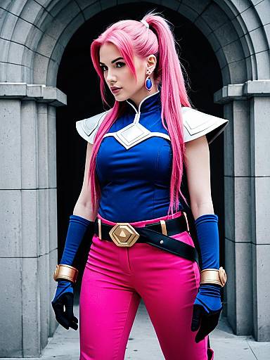 Futuristic Pink-Haired Woman in Blue and Pink Sci-Fi Cosplay Costume
