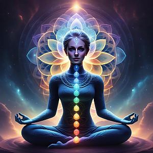 Serene Woman in Meditative Pose with Chakra Lights