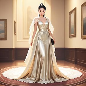 Elegant Woman in Silver Gown with Cape