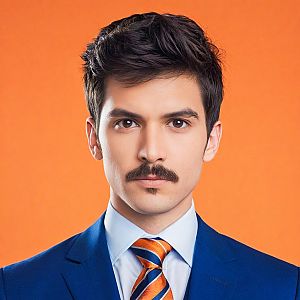 Confident Man in Blue Suit with Orange Tie