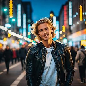 Young man in leather jacket at neon-lit city street