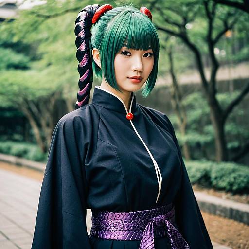 Realistic Cosplay of Saragimaru from Demon Slayer with Green Hair and Black Uniform
