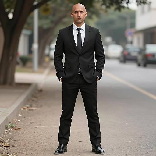 Confident Bald Man in Stylish Black Suit Standing on Urban Street