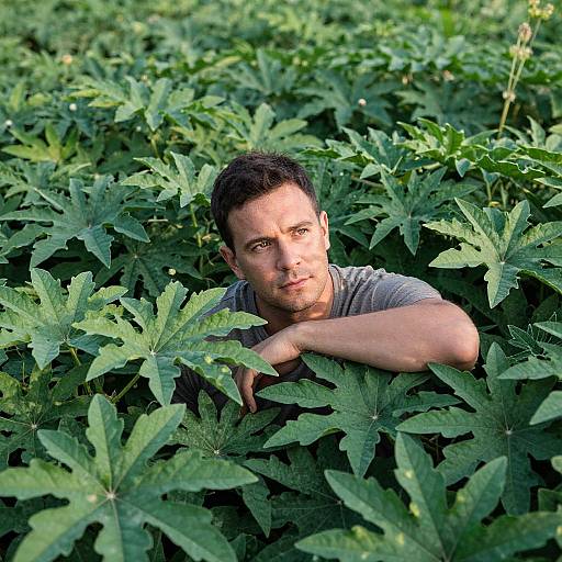 Man Contemplating Amidst Dense Green Leaves in Nature