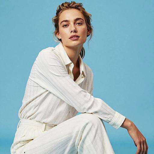 Confident Woman in Elegant Off-White Outfit Posing Against Blue Background