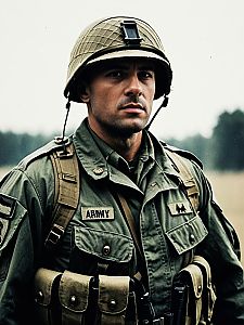Man in Army Soldier Costume Waist Up Cinematic Realistic Photo