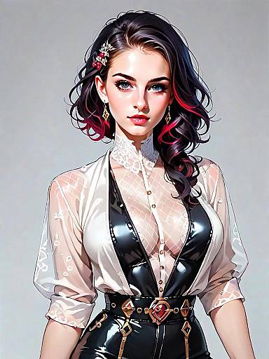 Realistic Portrait of Woman in Bold Red Lace Bodysuit with Plunging Neckline