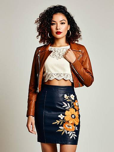 Stylish Woman in Brown Leather Jacket and Floral Embroidered Skirt
