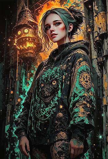 Cyberpunk Woman in Futuristic Cityscape with Glowing Skull Jacket