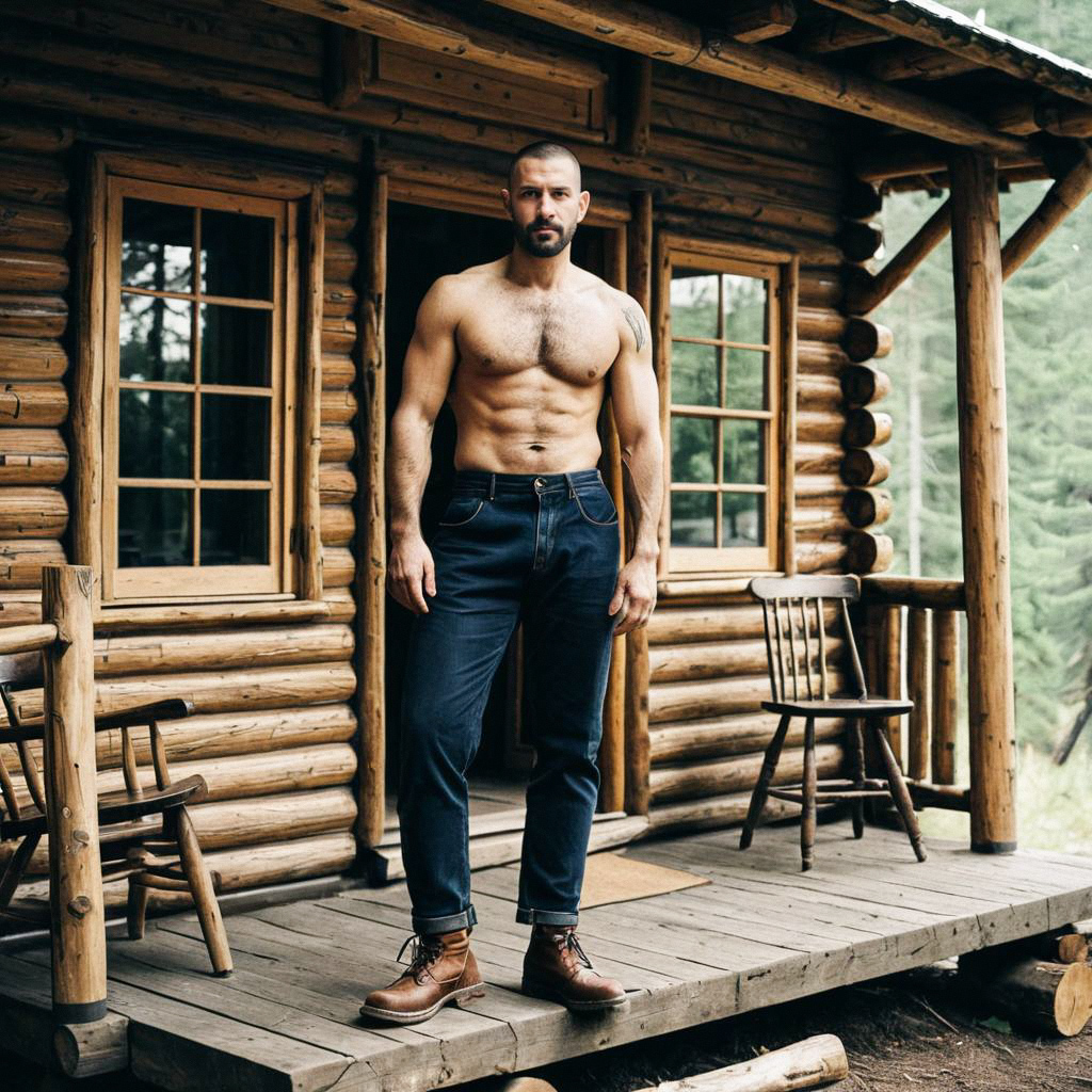 Muscular Man on Rustic Cabin Porch Muscular Man on Rustic Cabin Porch