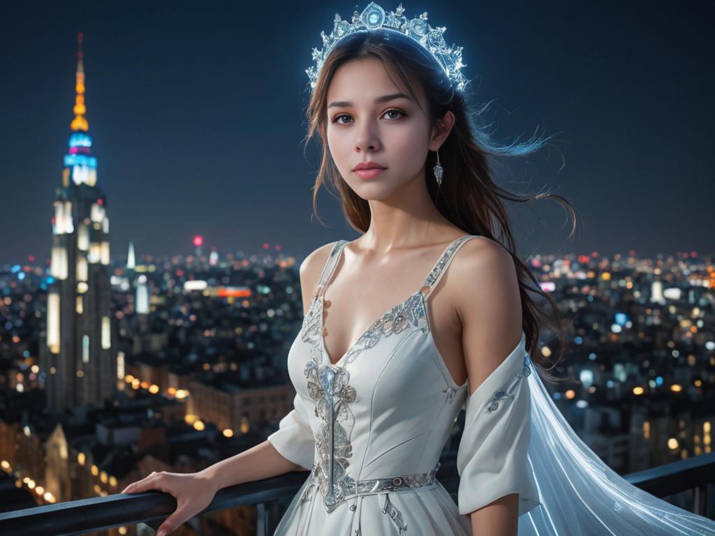 Elegant Woman in Artistic White Dress on Terrace with Cityscape