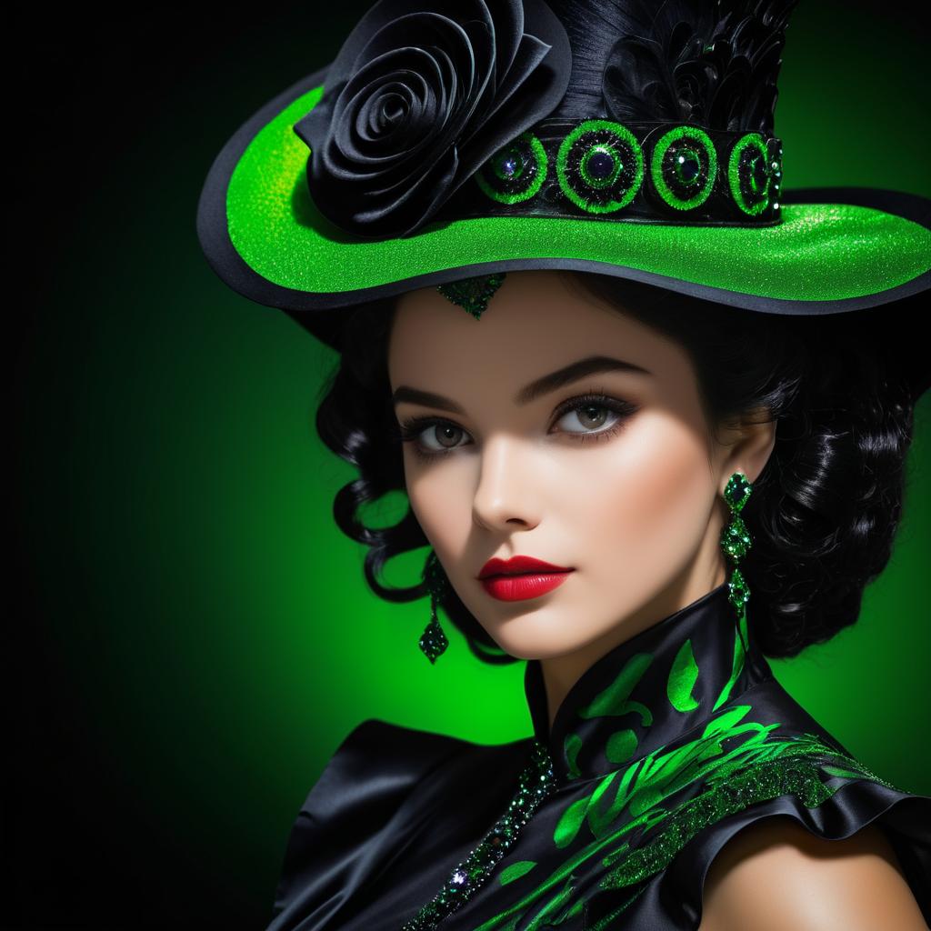 Striking Woman in Green Ensemble with Oversized Hat