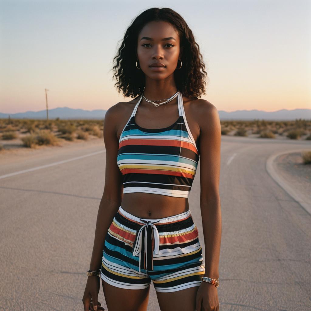 Young Woman in Colorful Striped Outfit Standing on Desert Road at Sunset