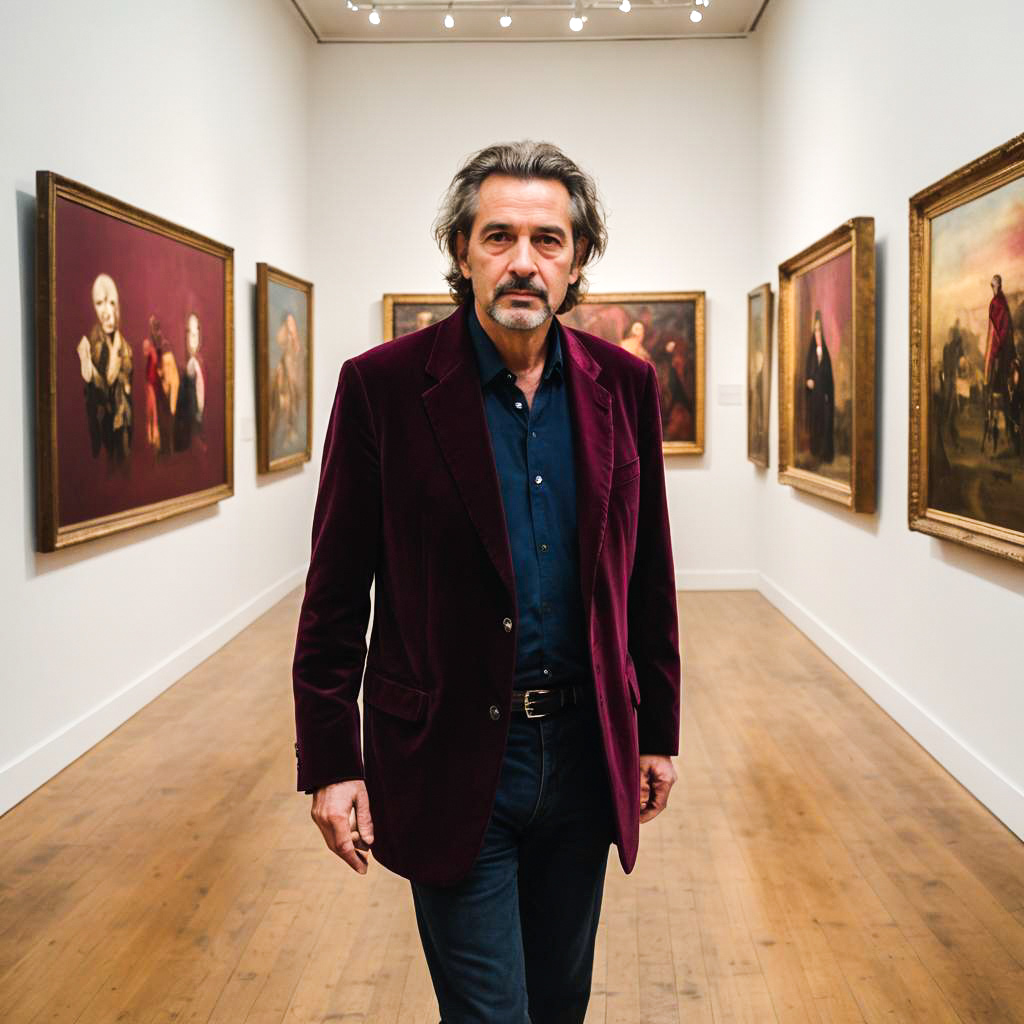 Sophisticated Man in Burgundy Blazer at Art Gallery