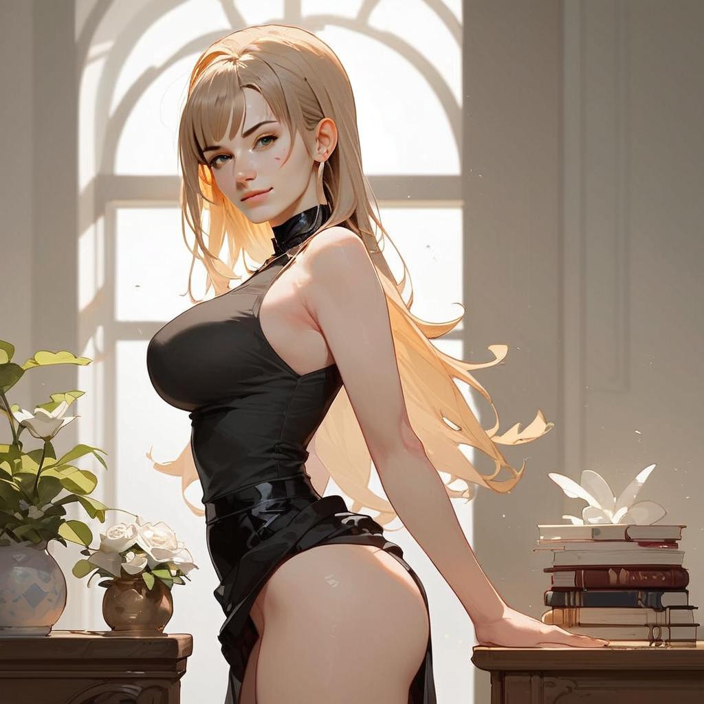 Blonde Woman in Black Outfit Leaning on Desk in Anime Art Style