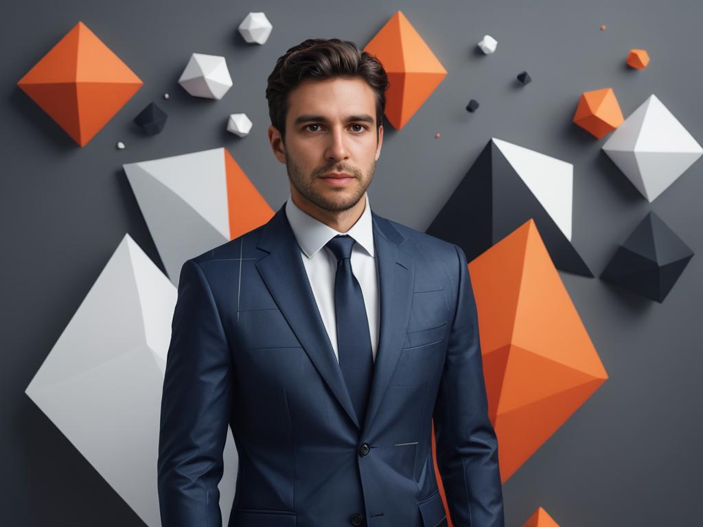 Professional man in blue suit with geometric background