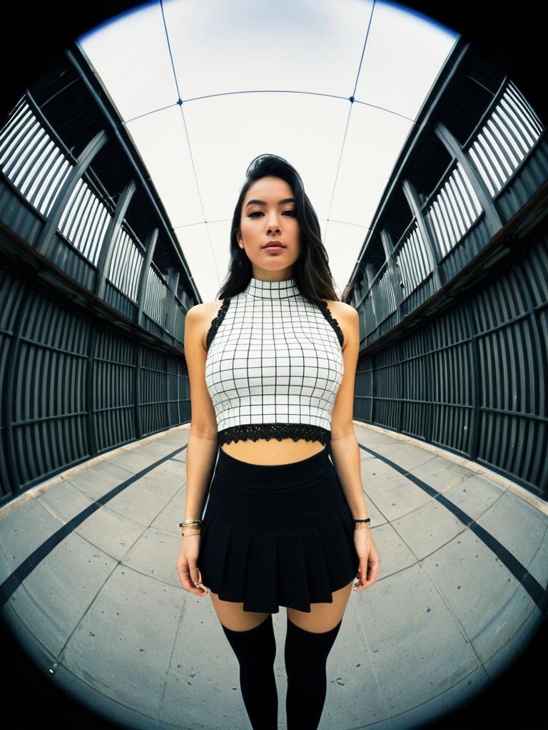 Woman in White and Black Grid Pattern Crop Top with High Neck in Urban Setting
