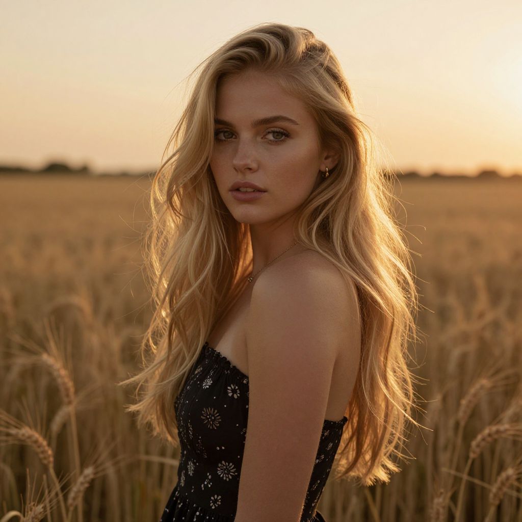 Blonde Woman in Wheat Field at Sunset Portrait