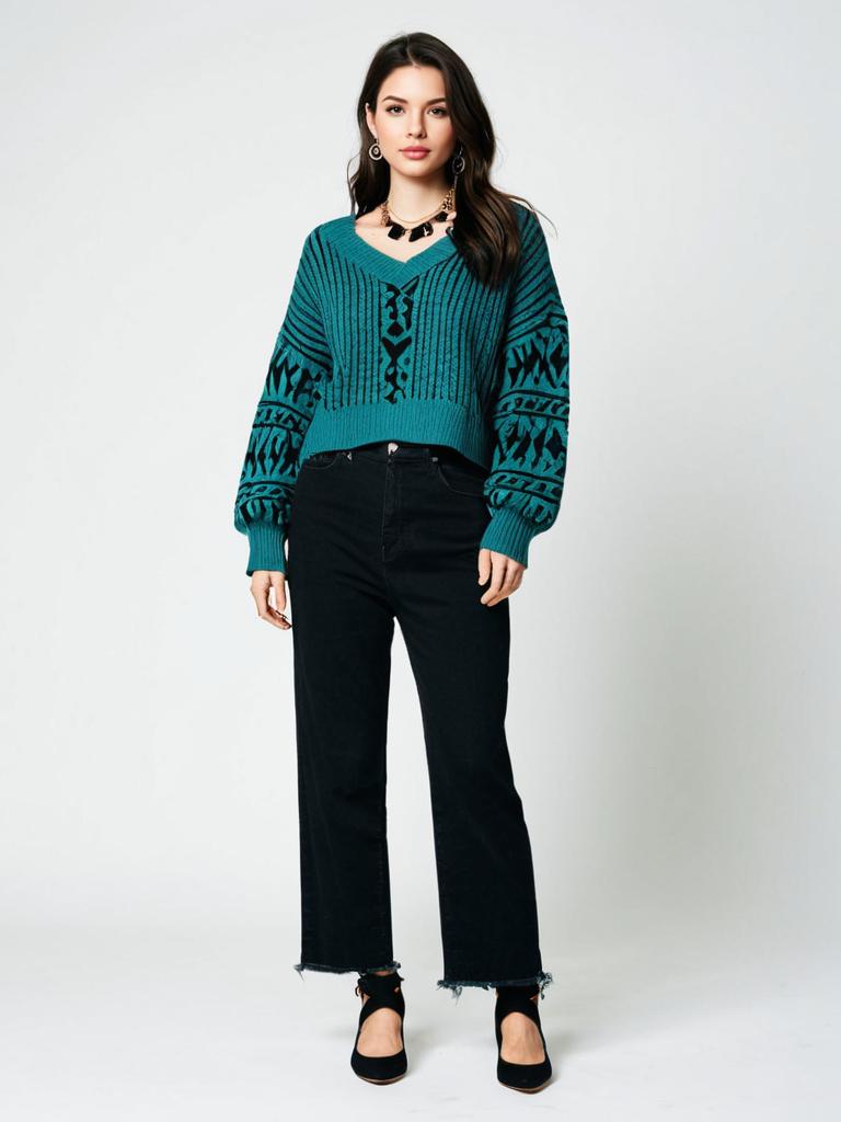 Woman in Casual Chic Oversized Teal Ribbed Knit Sweater with Black Cropped Jeans