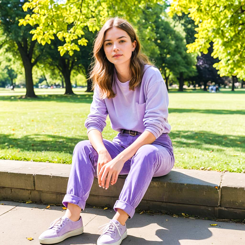 Young Woman in Pastel Purple Outfit in Lush Park