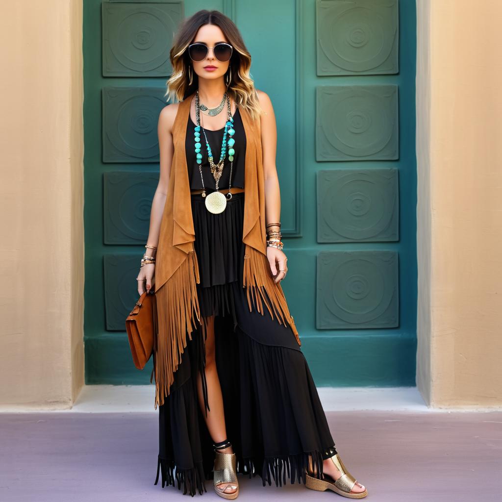 Stylish Woman in Bohemian Look with Fringed Vest