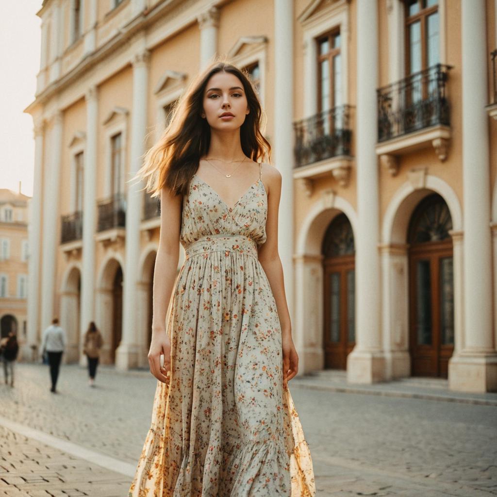 Woman in Floral Maxi Dress Walking on Cobblestone Street with Classical Architecture