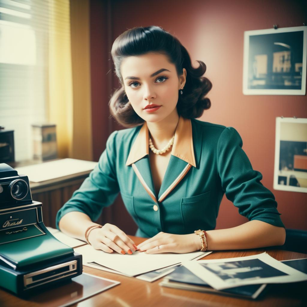 Vintage 1950s Woman at Desk with Photography Equipment