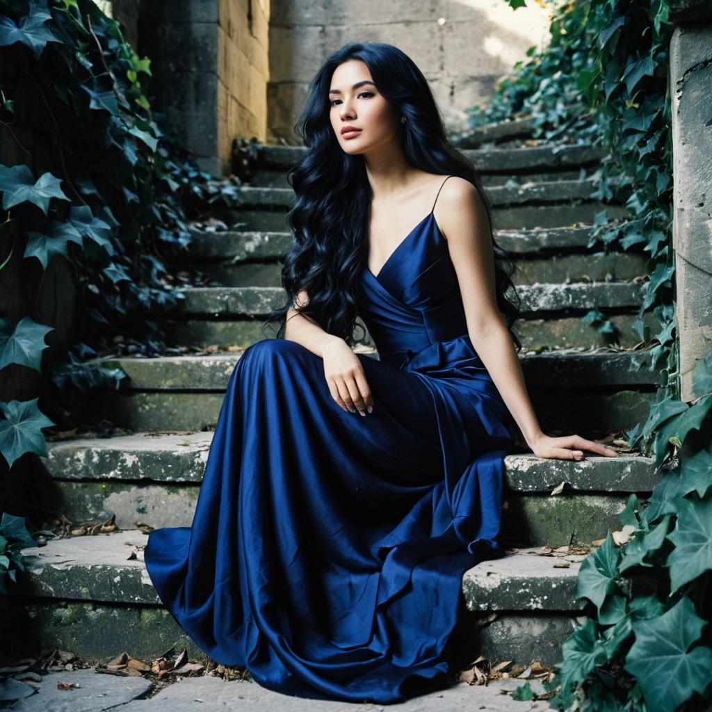 Elegant Woman in Blue Gown on Stone Steps