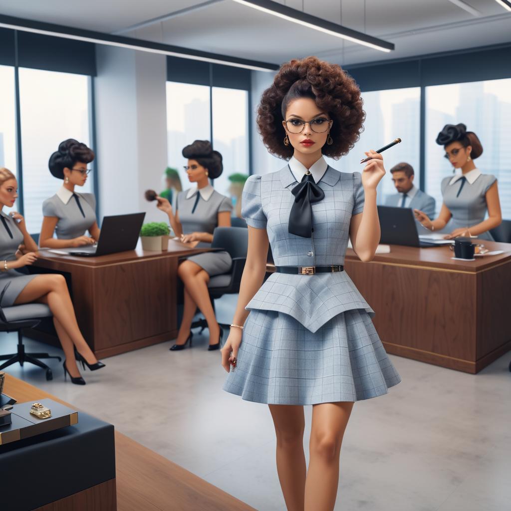 Confident Woman in Grey Plaid Dress at Modern Office