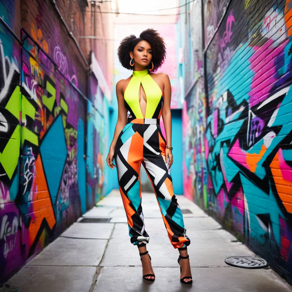 Confident Woman in Colorful Jumpsuit in Graffiti Alley