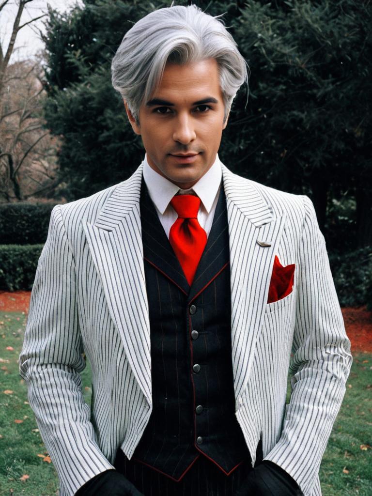 Dapper Man in White Pinstripe Suit with Red Tie – Antonio Salieri Fate Style
