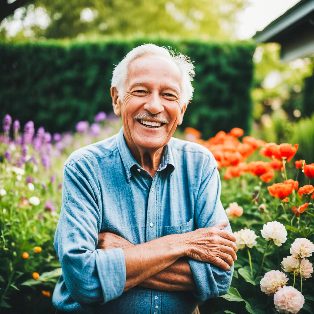Elderly Man Smiling in Colorful Garden