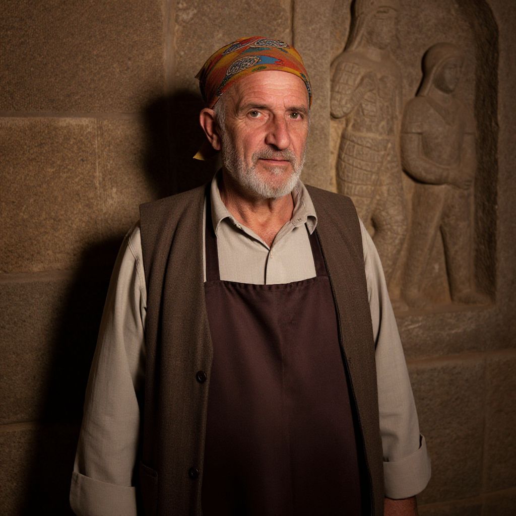 Portrait of Elderly Man Wearing Bandana with Ancient Stone Relief Background