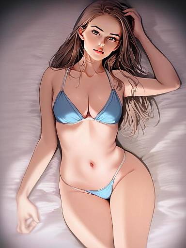 Stylized Anime Woman in Blue Bikini Lying Down Digital Artwork