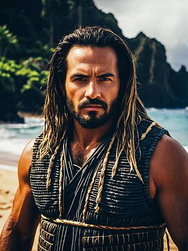 Heroic Cinematic Portrait of Man in Maui Costume on Beach