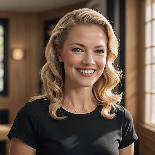 Smiling Woman with Blonde Wavy Hair in Warm Indoor Setting