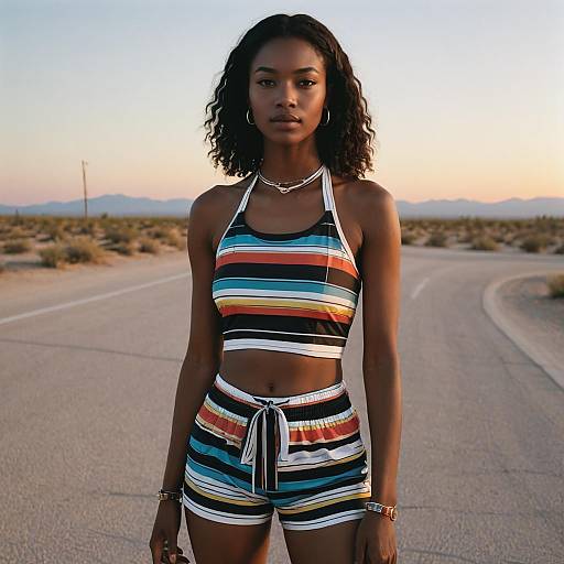 Young Woman in Colorful Striped Outfit Standing on Desert Road at Sunset