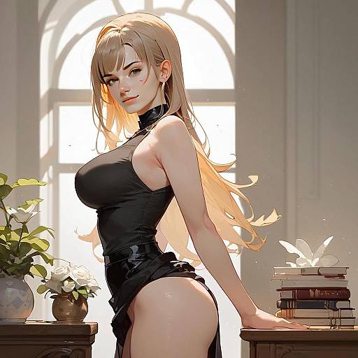 Blonde Woman in Black Outfit Leaning on Desk in Anime Art Style