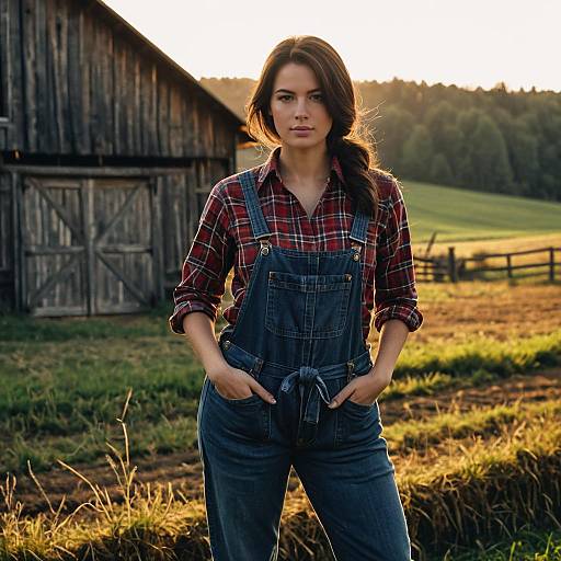 Young Woman in Denim Overalls and Plaid Shirt in Countryside at Golden Hour