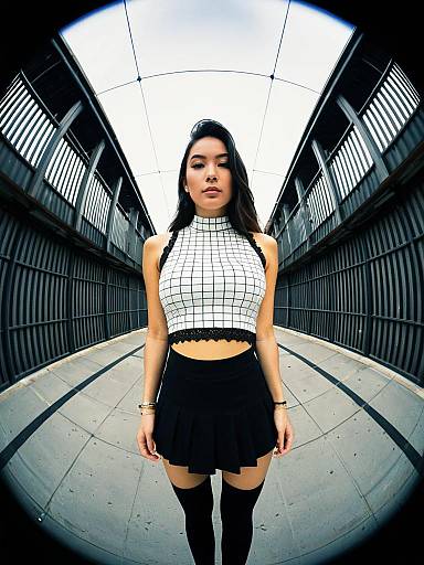 Woman in White and Black Grid Pattern Crop Top with High Neck in Urban Setting