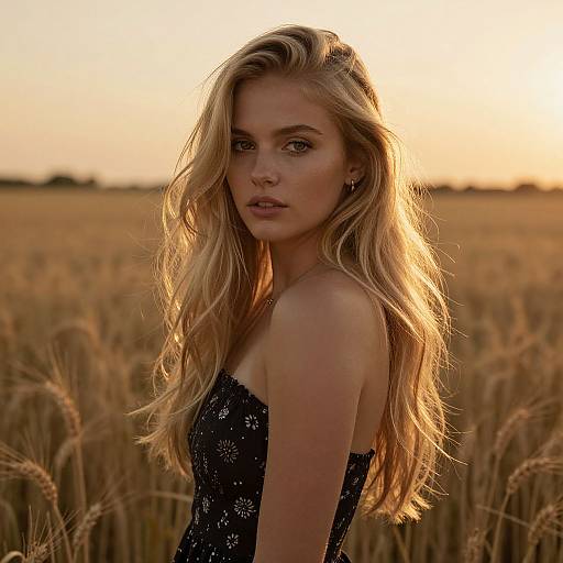 Blonde Woman in Wheat Field at Sunset Portrait