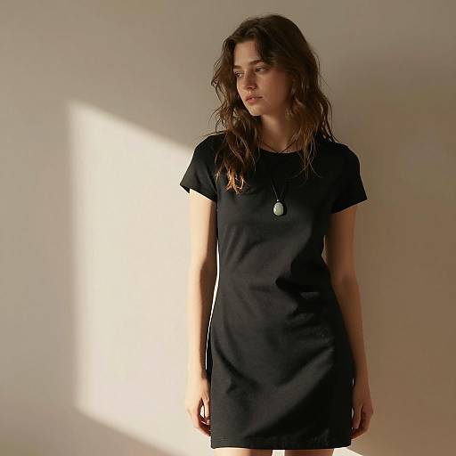 Young Woman Wearing Black T-Shirt Dress Gen Z Style