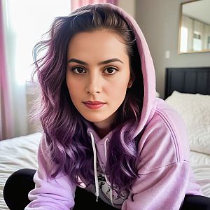 Young Woman with Purple Hair in Cozy Bedroom