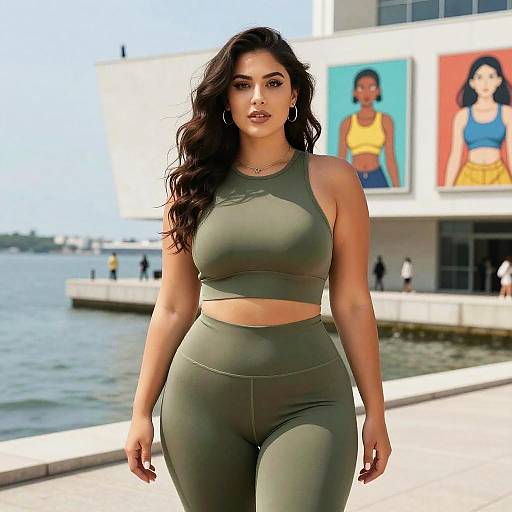 Curvy Woman in Olive Green Crop Top and High-Waisted Leggings by Waterfront