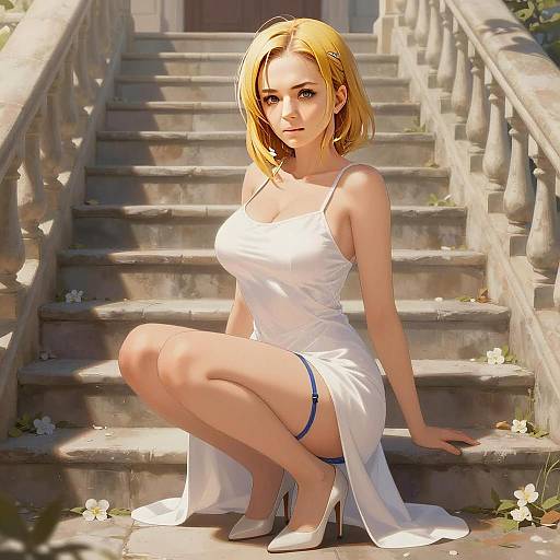 Anime Woman in White Dress Sitting on Stone Steps with Flowers